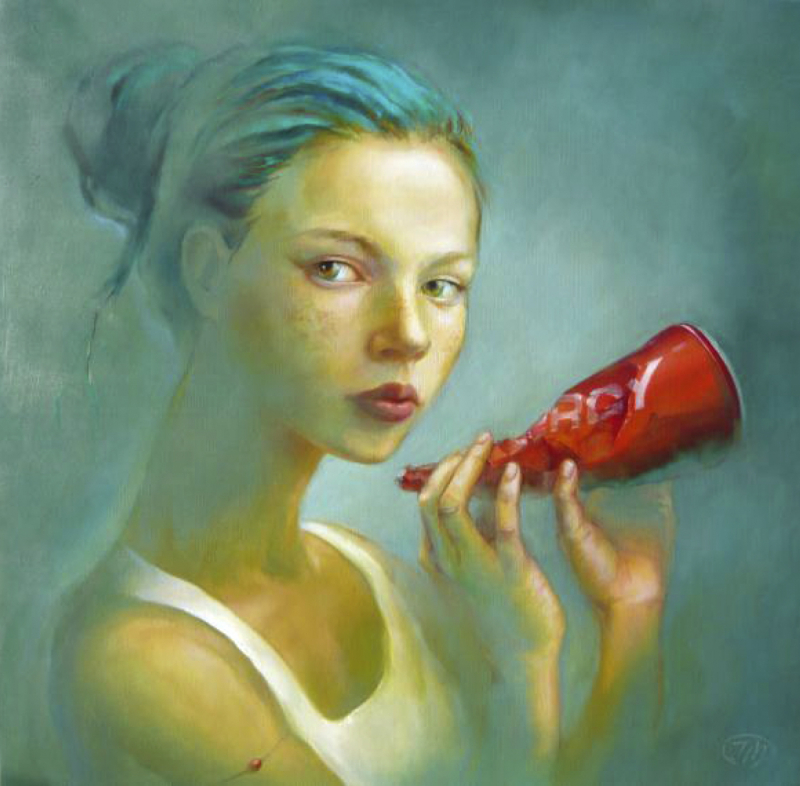 "Mädchen mit dem Hörnchen" | 100x100cm | Irina Wolff- Öl auf Leinwand, mit Schattenfugenrahmen schwarz